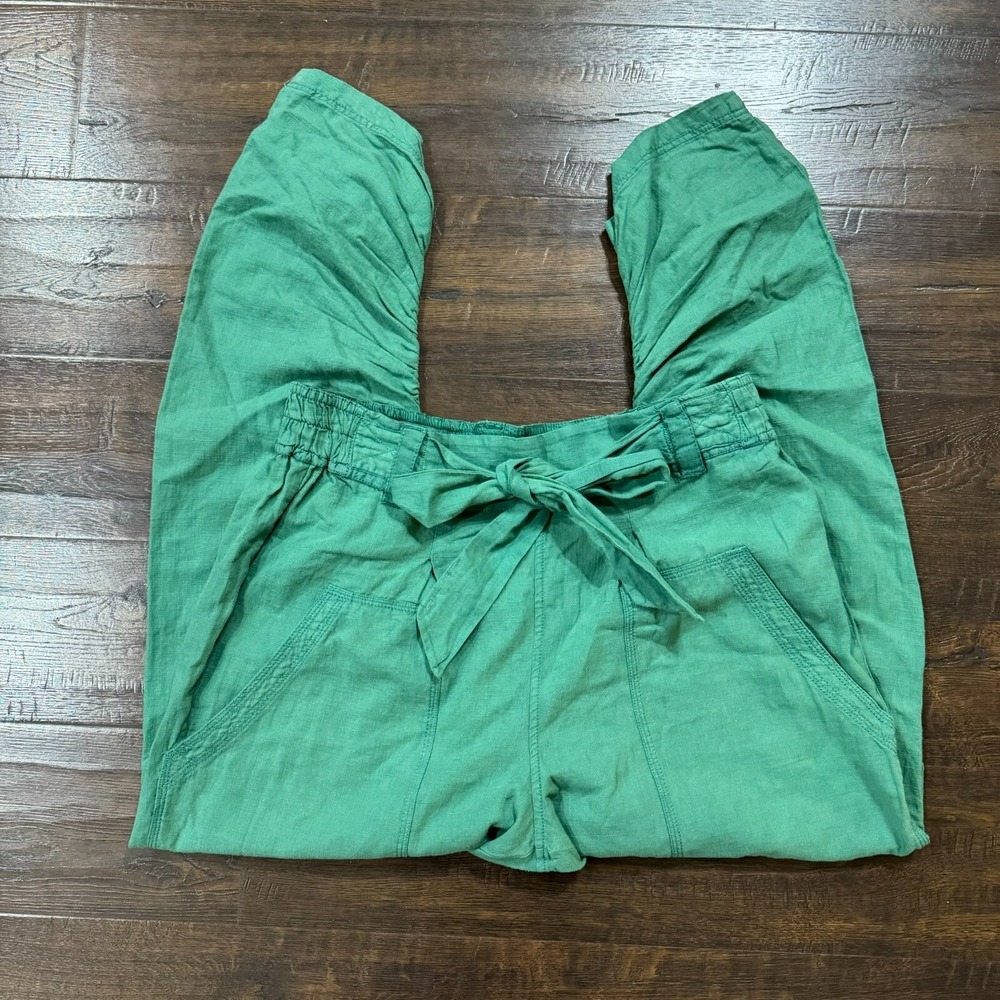 Free People Linen Blend Tapered Pants Cinched Side Front Tie Green Size Large